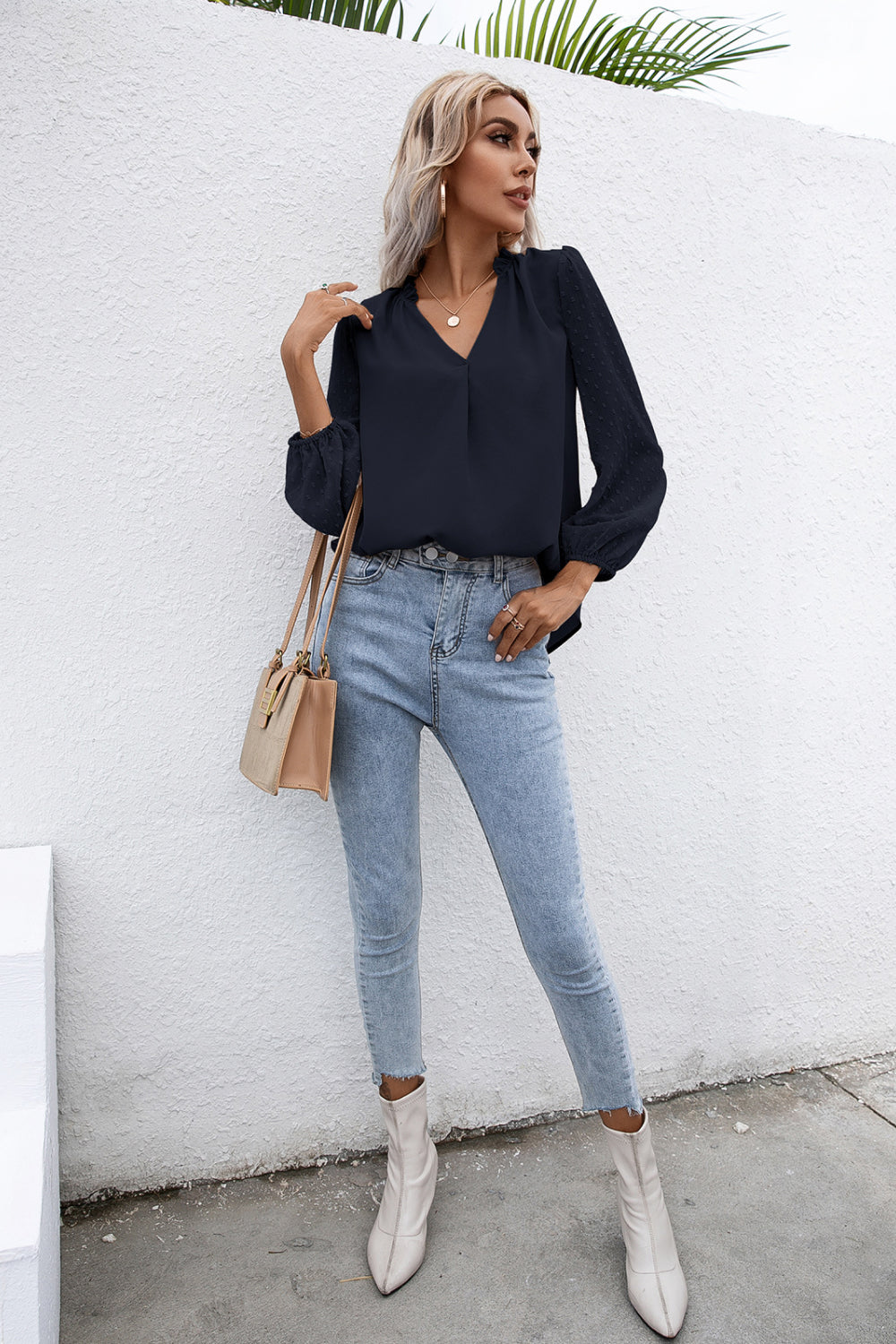Swiss Dot Puff Sleeve Contrast Blouse - Absolute Fashion 2020