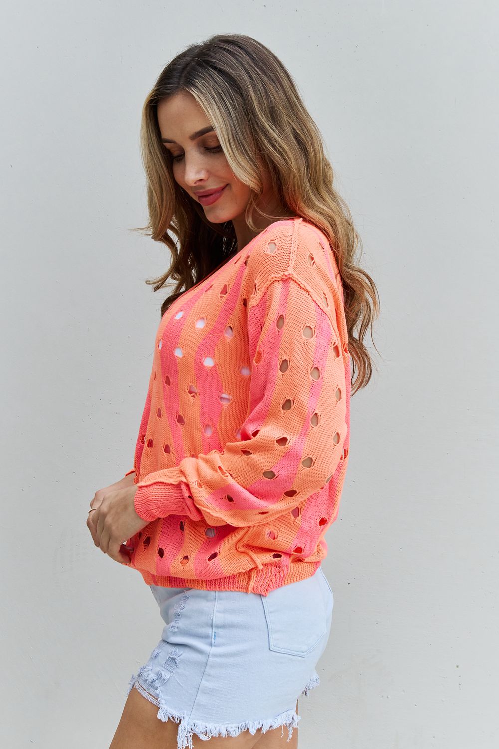 Davi & Dani So Wavy Full Size Distressed Knit Sweater