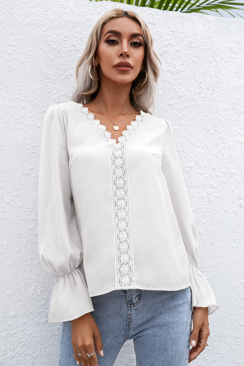 Lace Trim Flounce Sleeve Blouse - Absolute Fashion 2020