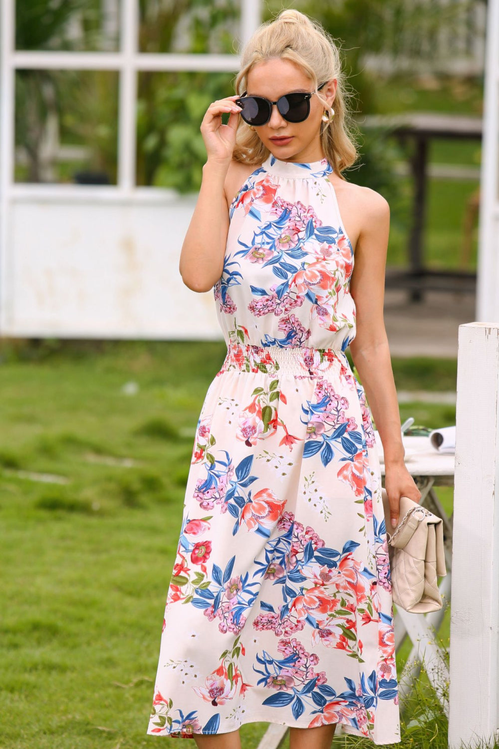 Floral Halter Neck Tie Waist Dress
