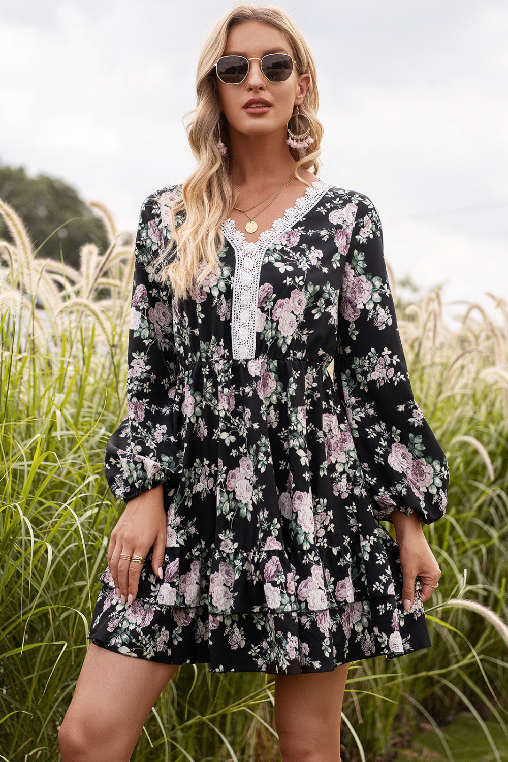Floral Lace Trim Ruffle Hem Dress - Absolute Fashion 2020