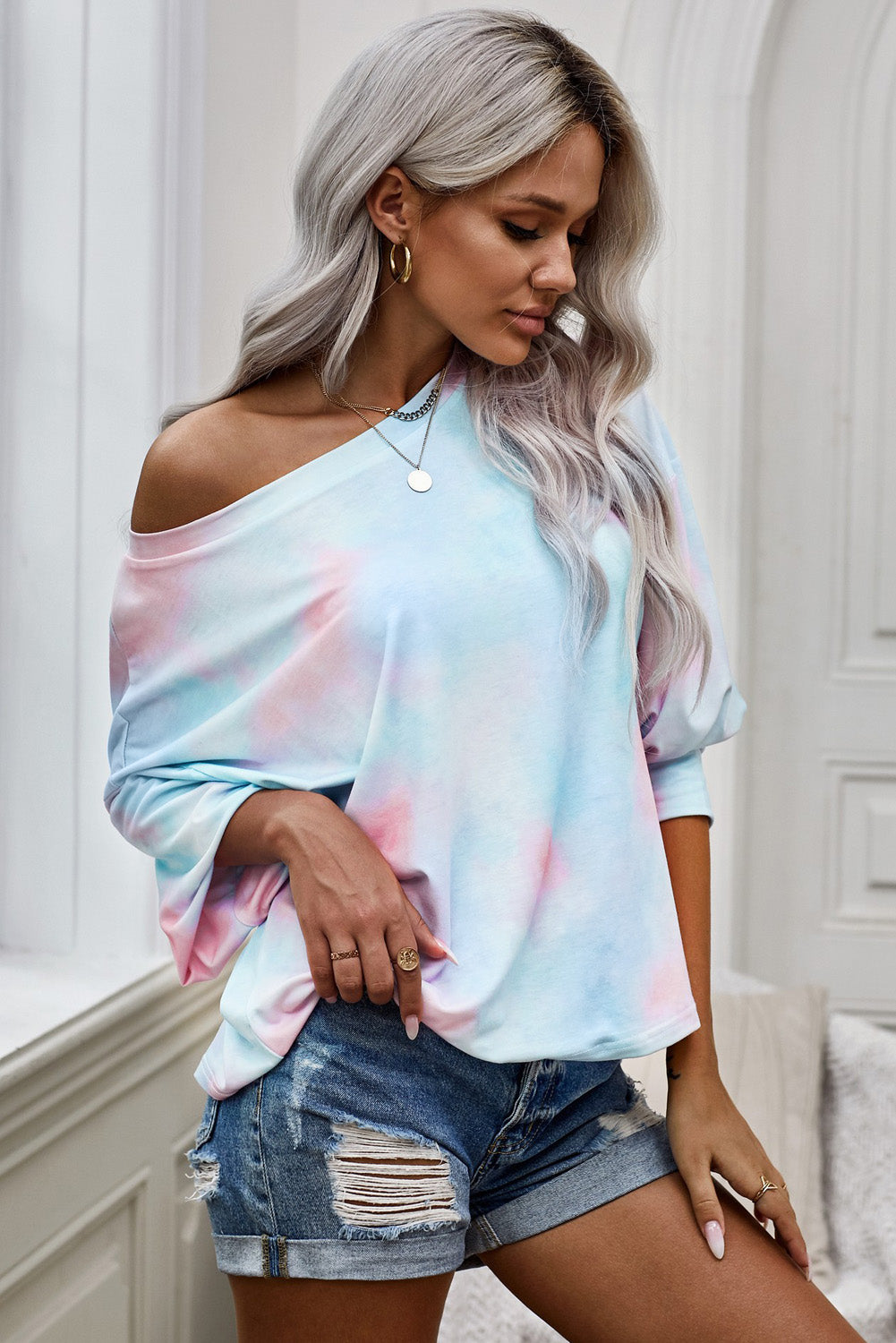 Tie-Dye Boat Neck Batwing Sleeve Tee - Absolute Fashion 2020