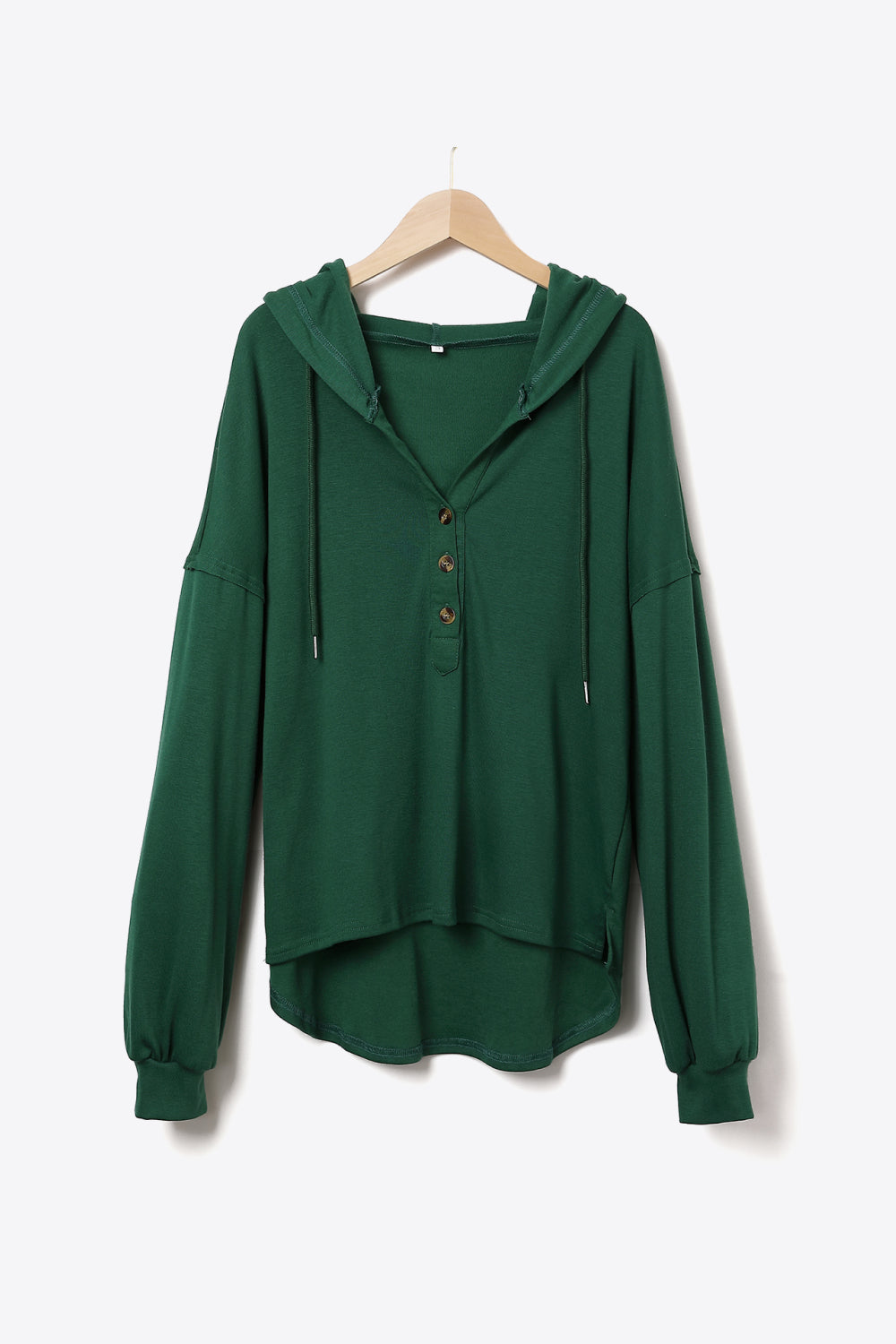 Buttoned Drawstring Drop Shoulder Hoodie