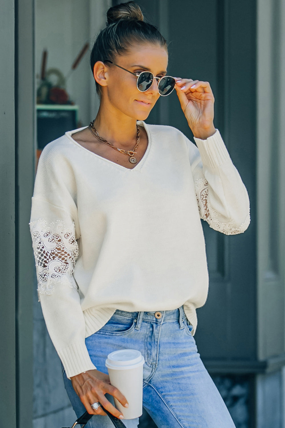 Lace Up Sleeve Drop Shoulder Sweater