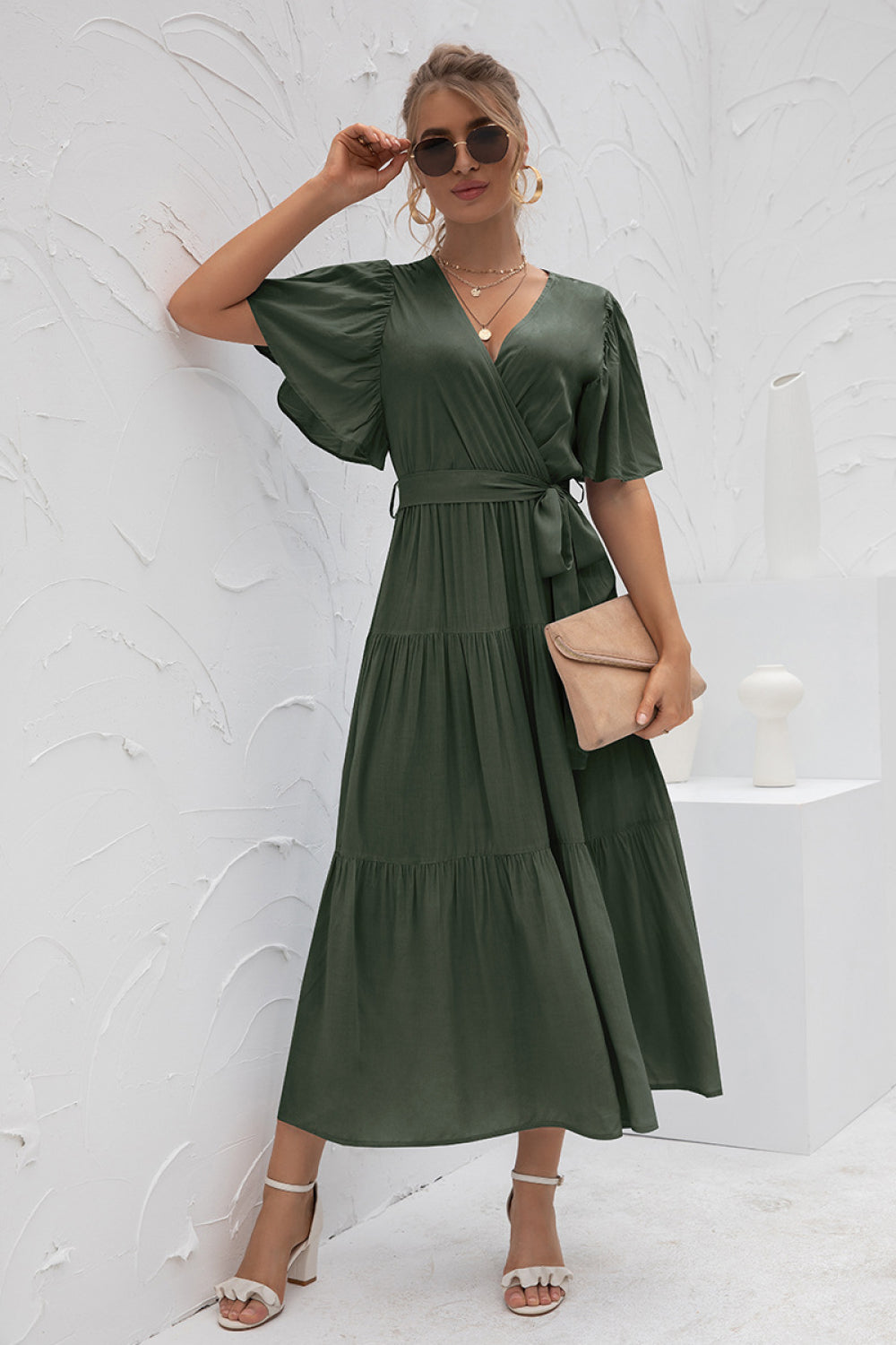 Flutter Sleeve Wrap Front Tie Dress - Absolute Fashion 2020