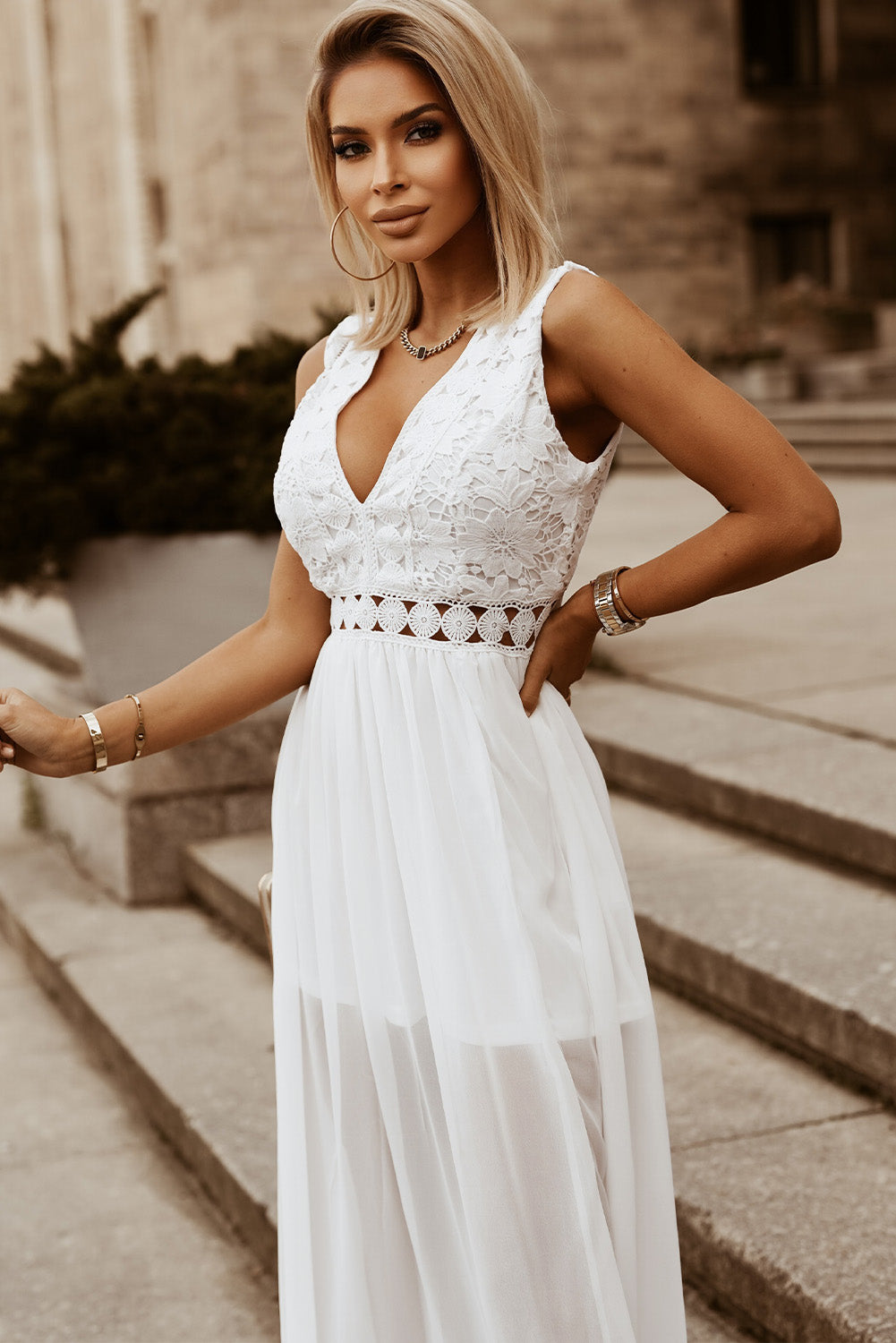 Lace Plunge Sleeveless Maxi Dress with Split