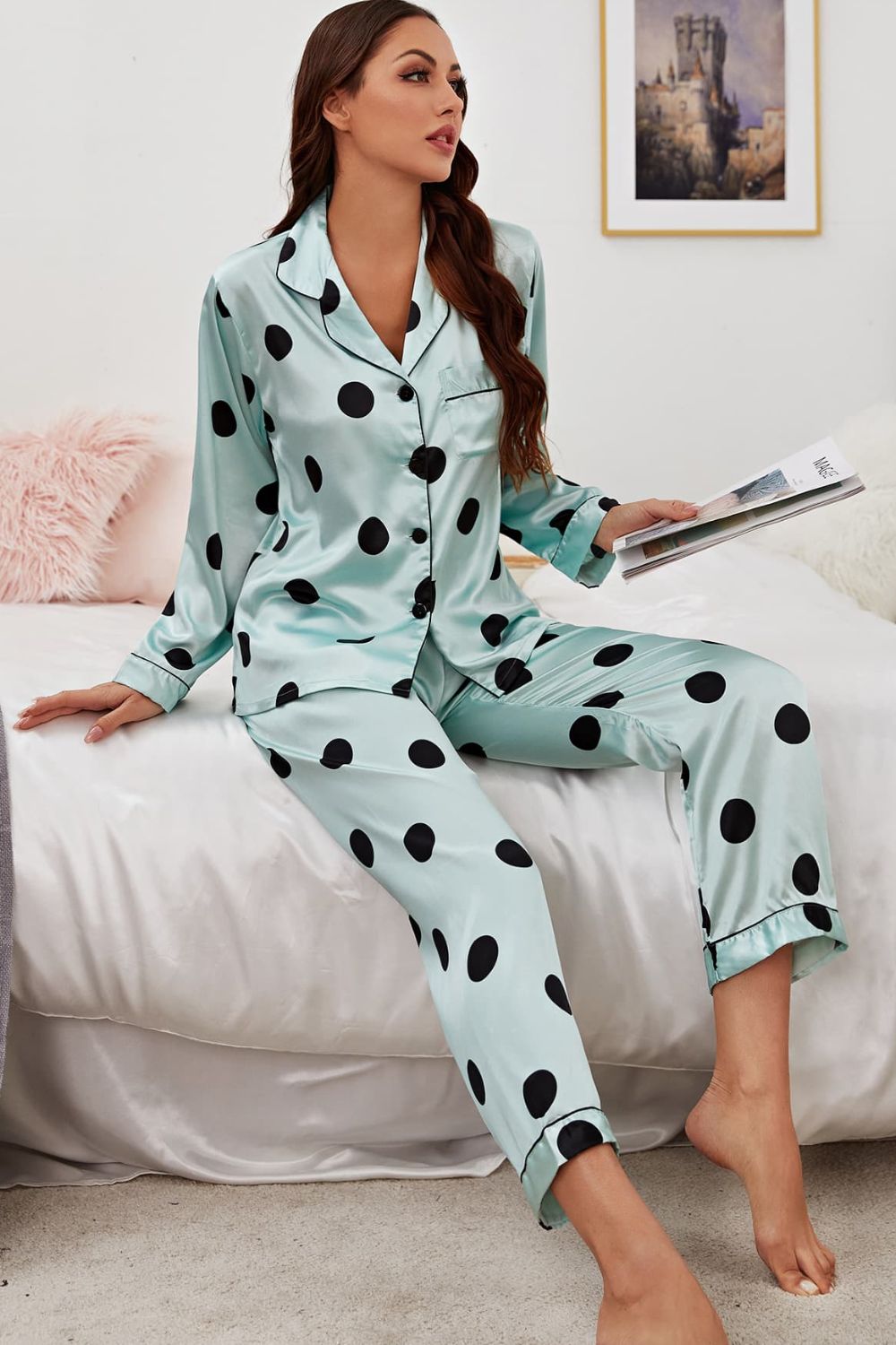 Satin Button-Up Lapel Collar Top and Pants Pajama Set