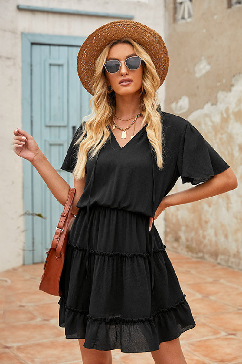 Tie Neck Ruffle Hem Tiered Dress - Absolute Fashion 2020