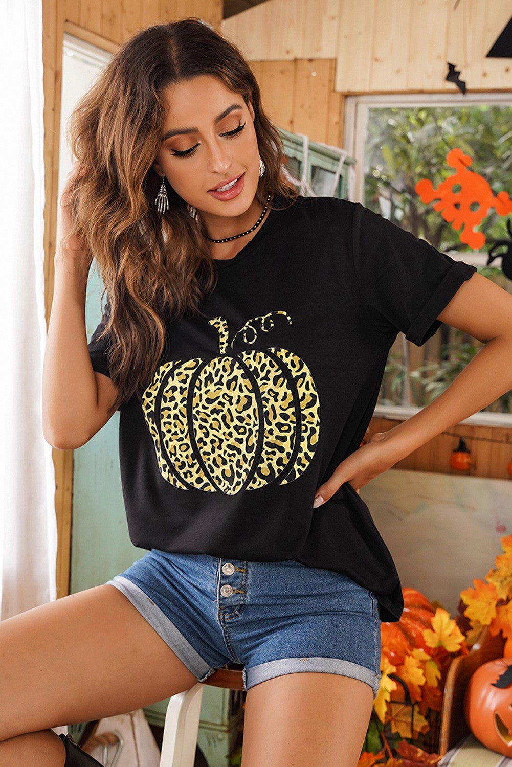 Halloween Leopard Pumpkin Graphic Cuffed Tee