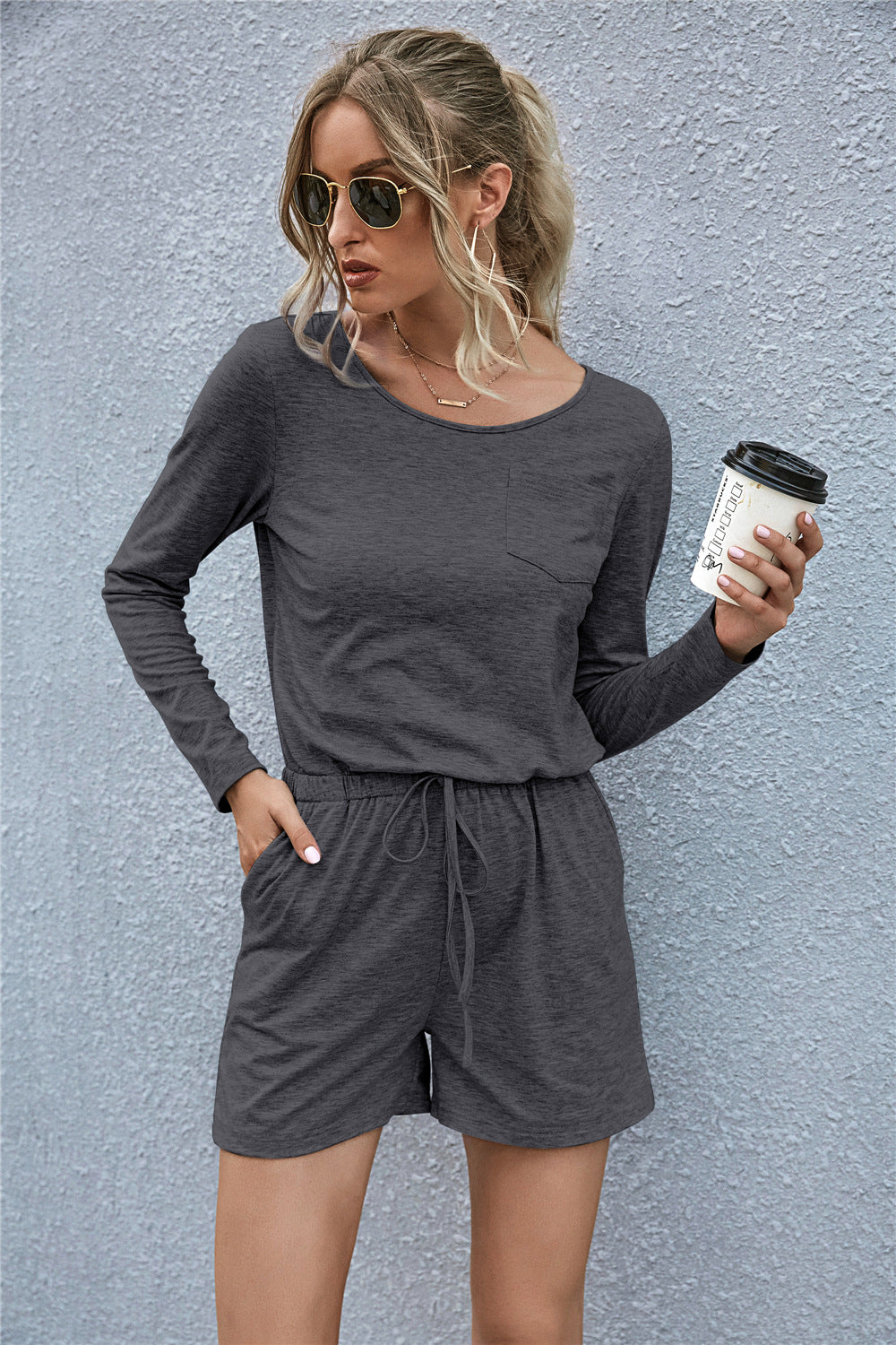Round Neck Drawstrings Rompers - Absolute Fashion 2020