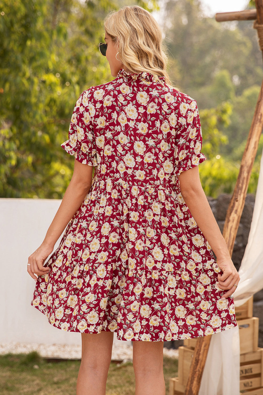 Floral Ruffle Trim Tie-Neck Dress - Absolute Fashion 2020