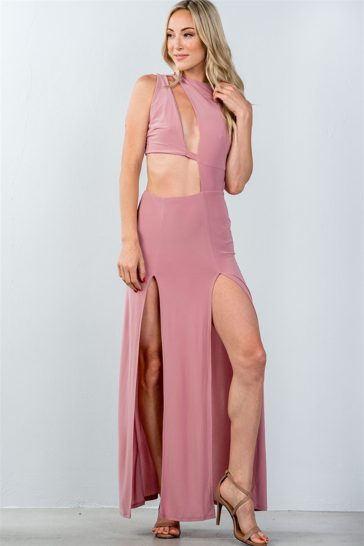 Ladies fashion cut out double thigh high slit maxi dress - Absolute Fashion 2020