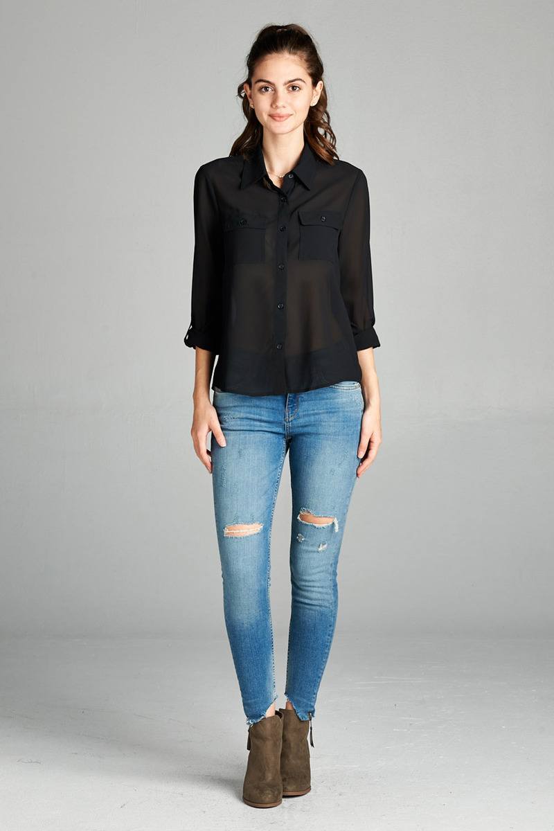 Ladies fashion plus size long sleeve front pocket chiffon blouse w/black button detail - Absolute Fashion 2020