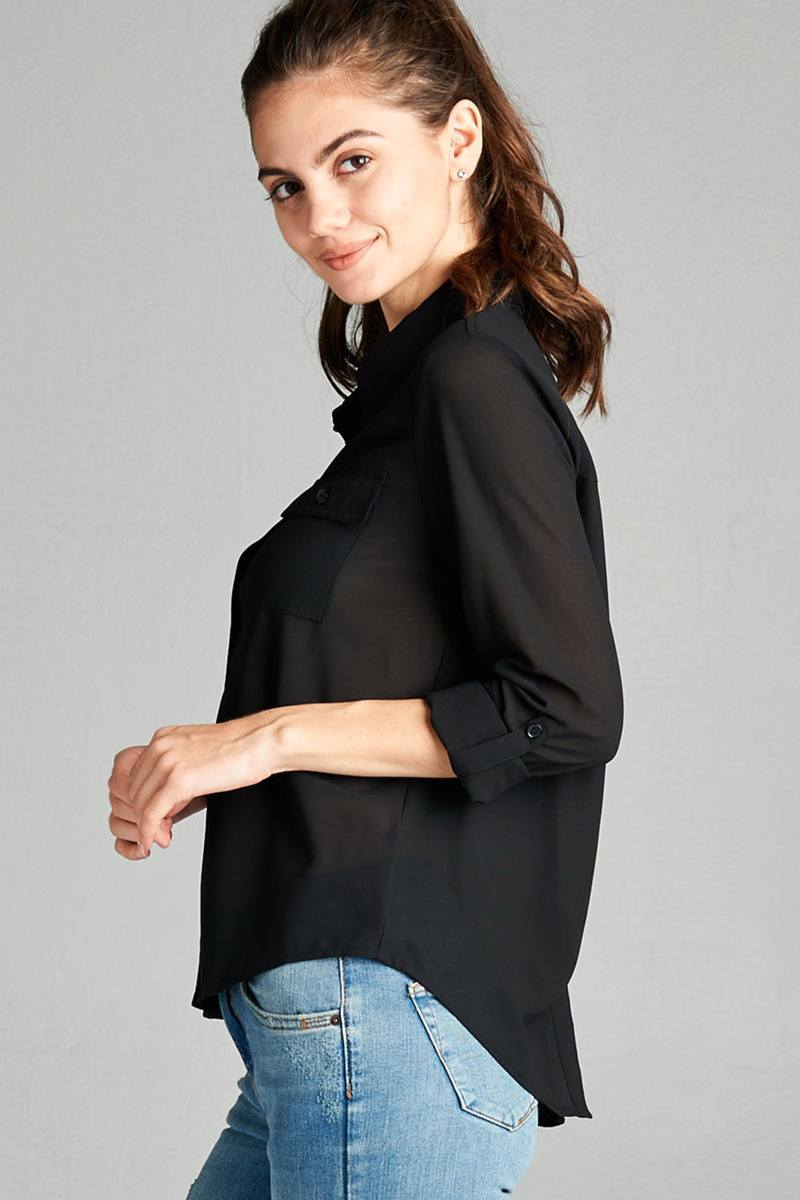 Ladies fashion plus size long sleeve front pocket chiffon blouse w/black button detail - Absolute Fashion 2020