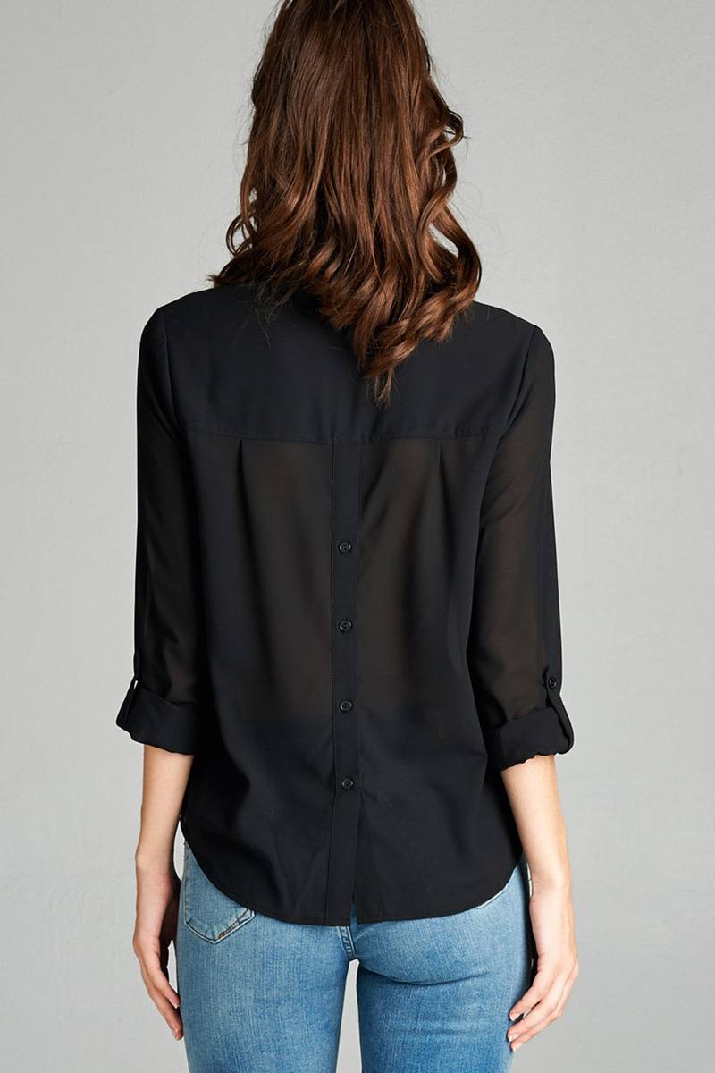 Ladies fashion plus size long sleeve front pocket chiffon blouse w/black button detail - Absolute Fashion 2020