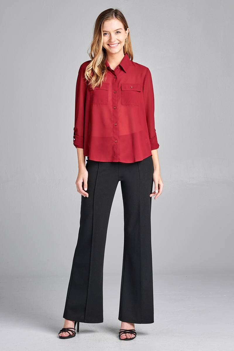 Ladies fashion plus size long sleeve front pocket chiffon blouse w/black button detail - Absolute Fashion 2020