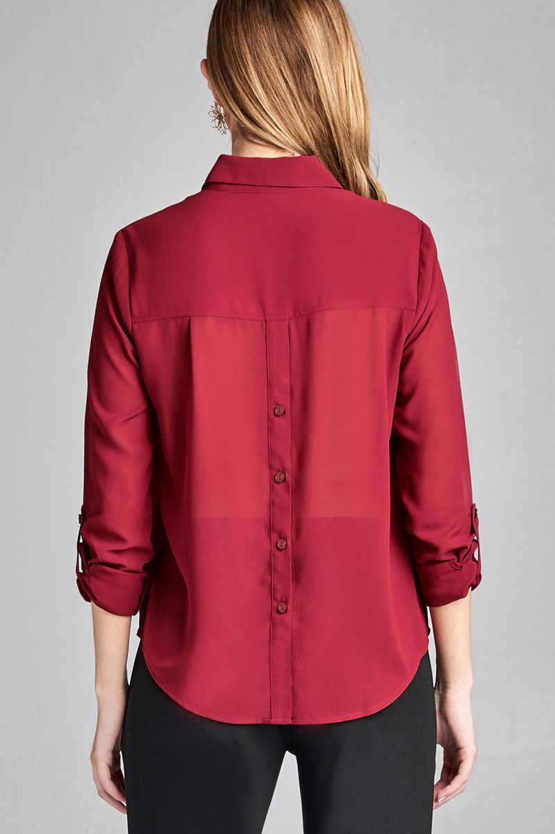 Ladies fashion plus size long sleeve front pocket chiffon blouse w/black button detail - Absolute Fashion 2020