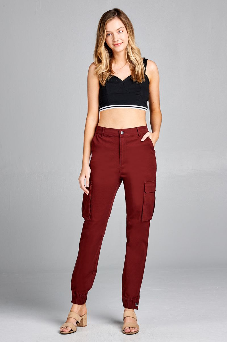 Ladies fashion waist button elastic hem w/snap button cargo pants - Absolute Fashion 2020
