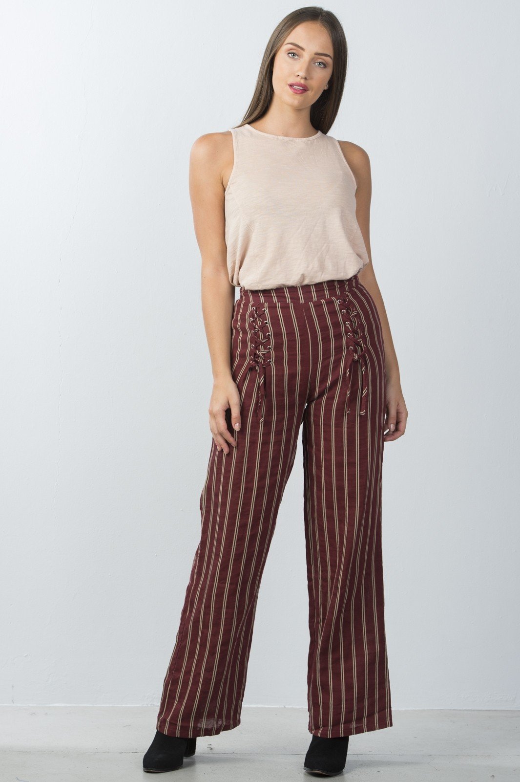 Ladies fashion high waisted stripe lace-up wide-leg pants - Absolute Fashion 2020