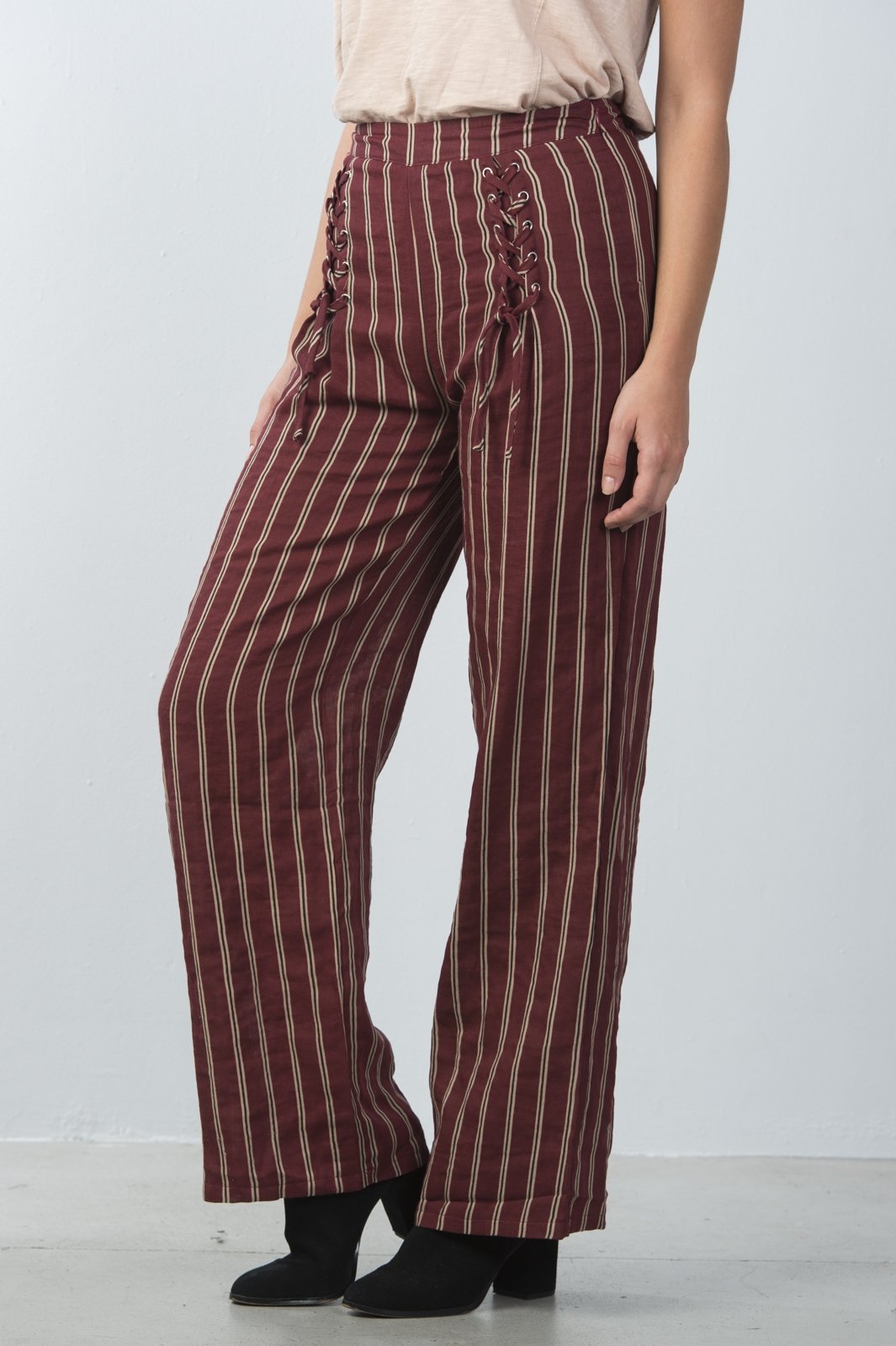 Ladies fashion high waisted stripe lace-up wide-leg pants - Absolute Fashion 2020