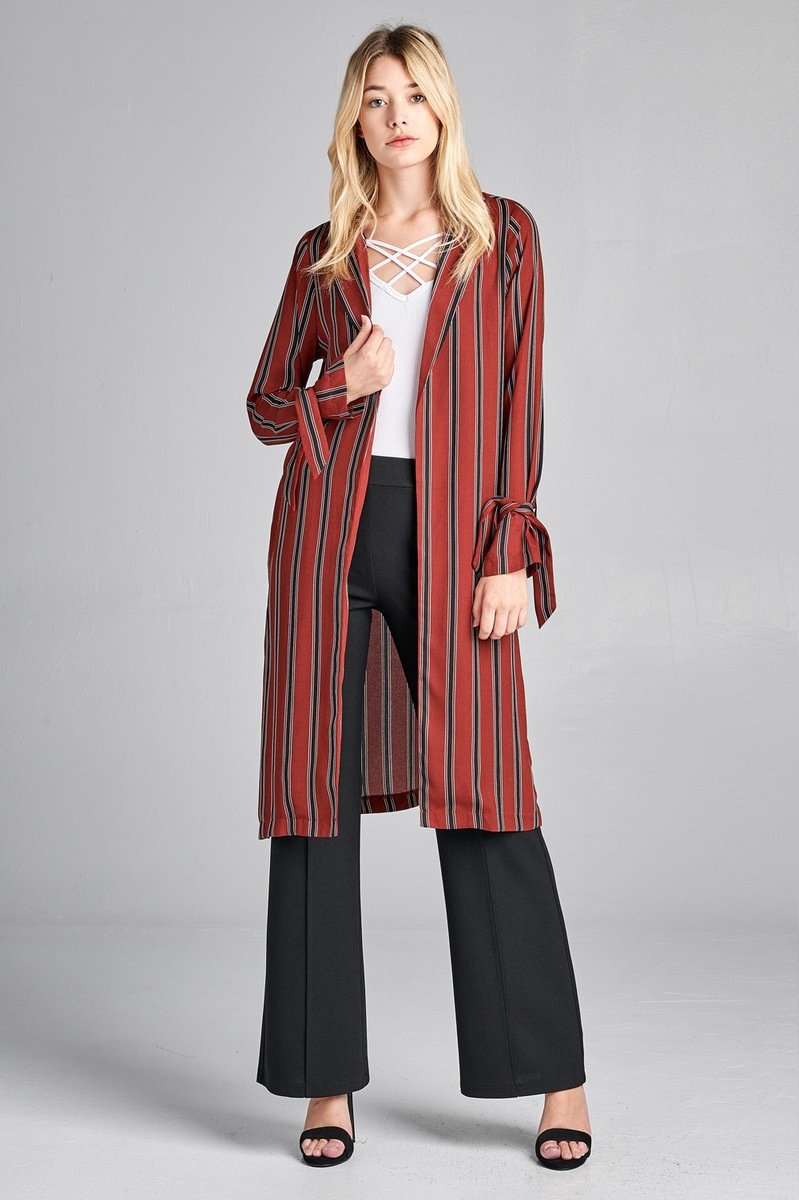 Ladies fashion long sleeve notched collar side slit multi stripe long jacket - Absolute Fashion 2020