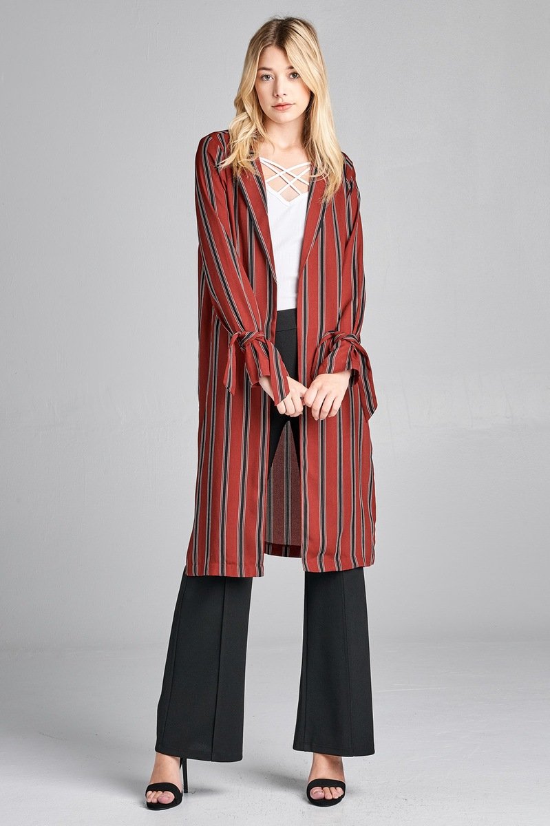 Ladies fashion long sleeve notched collar side slit multi stripe long jacket - Absolute Fashion 2020