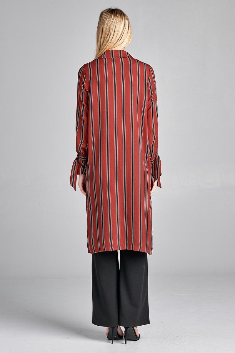 Ladies fashion long sleeve notched collar side slit multi stripe long jacket - Absolute Fashion 2020