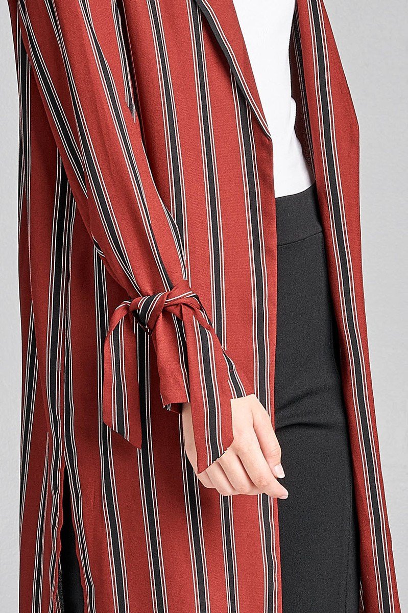 Ladies fashion long sleeve notched collar side slit multi stripe long jacket - Absolute Fashion 2020