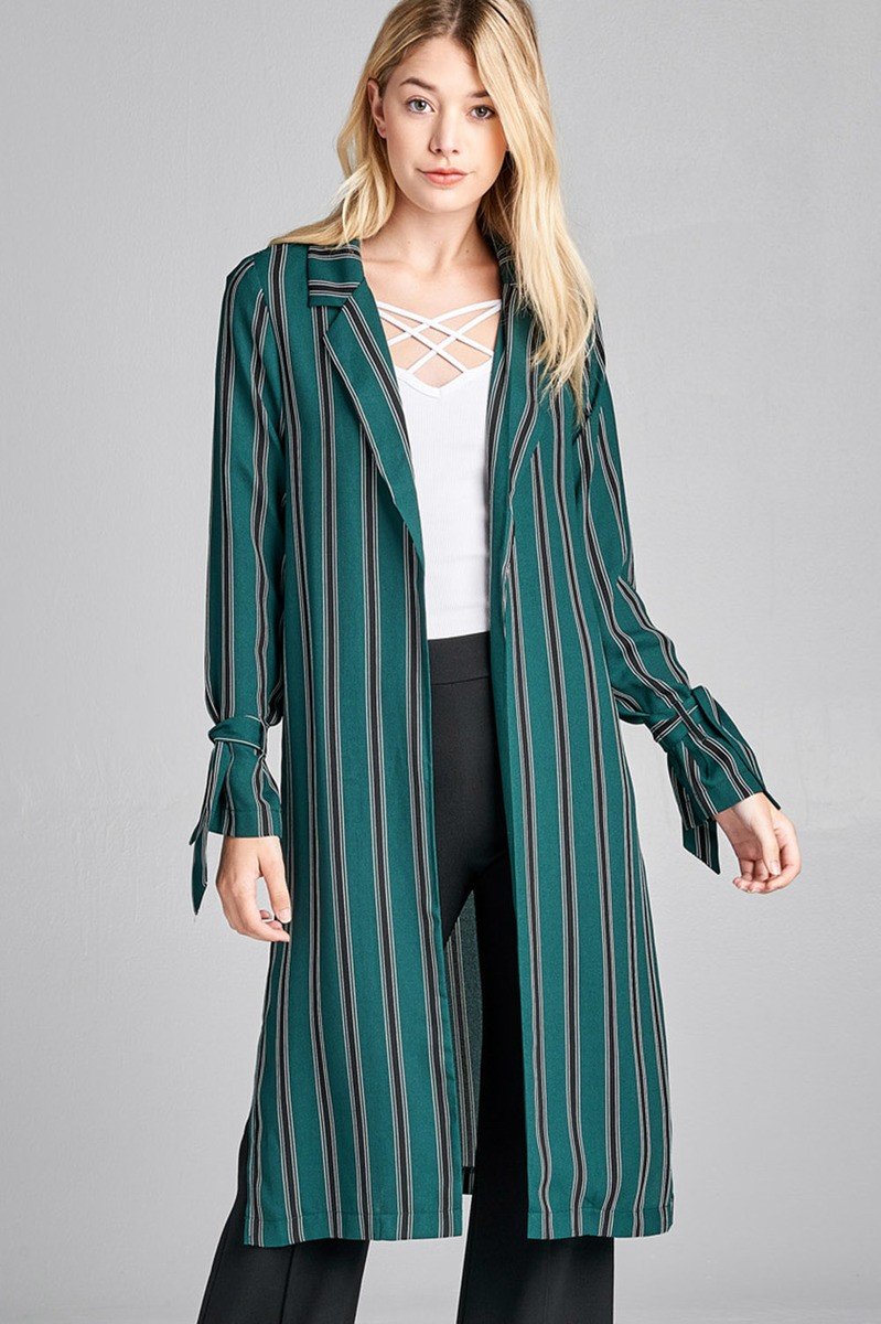 Ladies fashion long sleeve notched collar side slit multi stripe long jacket - Absolute Fashion 2020