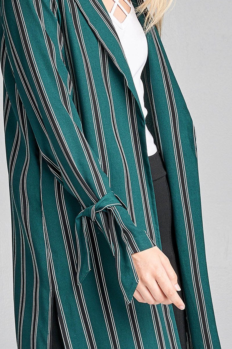 Ladies fashion long sleeve notched collar side slit multi stripe long jacket - Absolute Fashion 2020