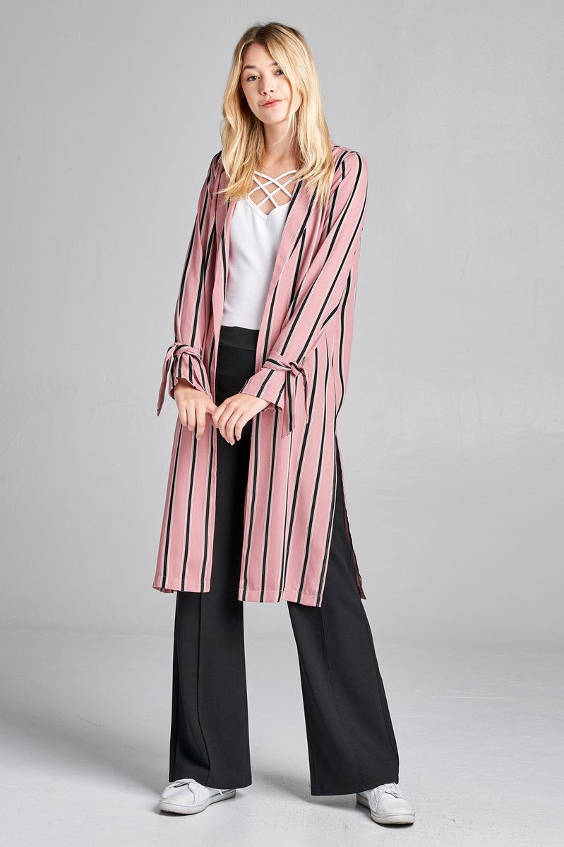 Ladies fashion long sleeve notched collar side slit multi stripe long jacket - Absolute Fashion 2020