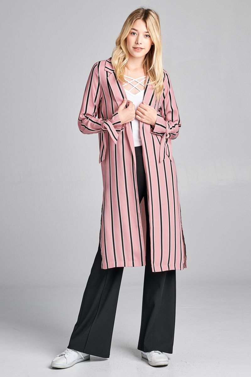 Ladies fashion long sleeve notched collar side slit multi stripe long jacket - Absolute Fashion 2020