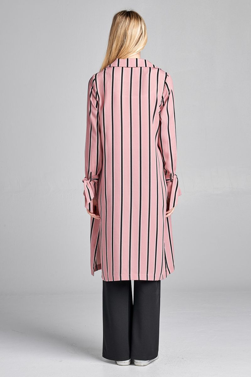 Ladies fashion long sleeve notched collar side slit multi stripe long jacket - Absolute Fashion 2020