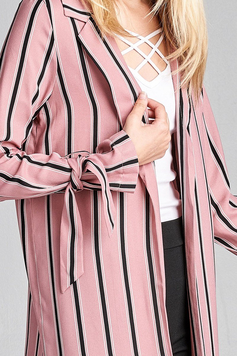 Ladies fashion long sleeve notched collar side slit multi stripe long jacket - Absolute Fashion 2020