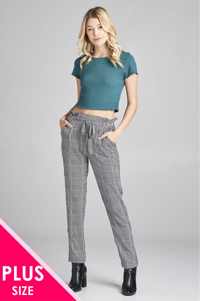 Ladies fashion plus size self ribbon detail long leg checked print woven pants - Absolute Fashion 2020