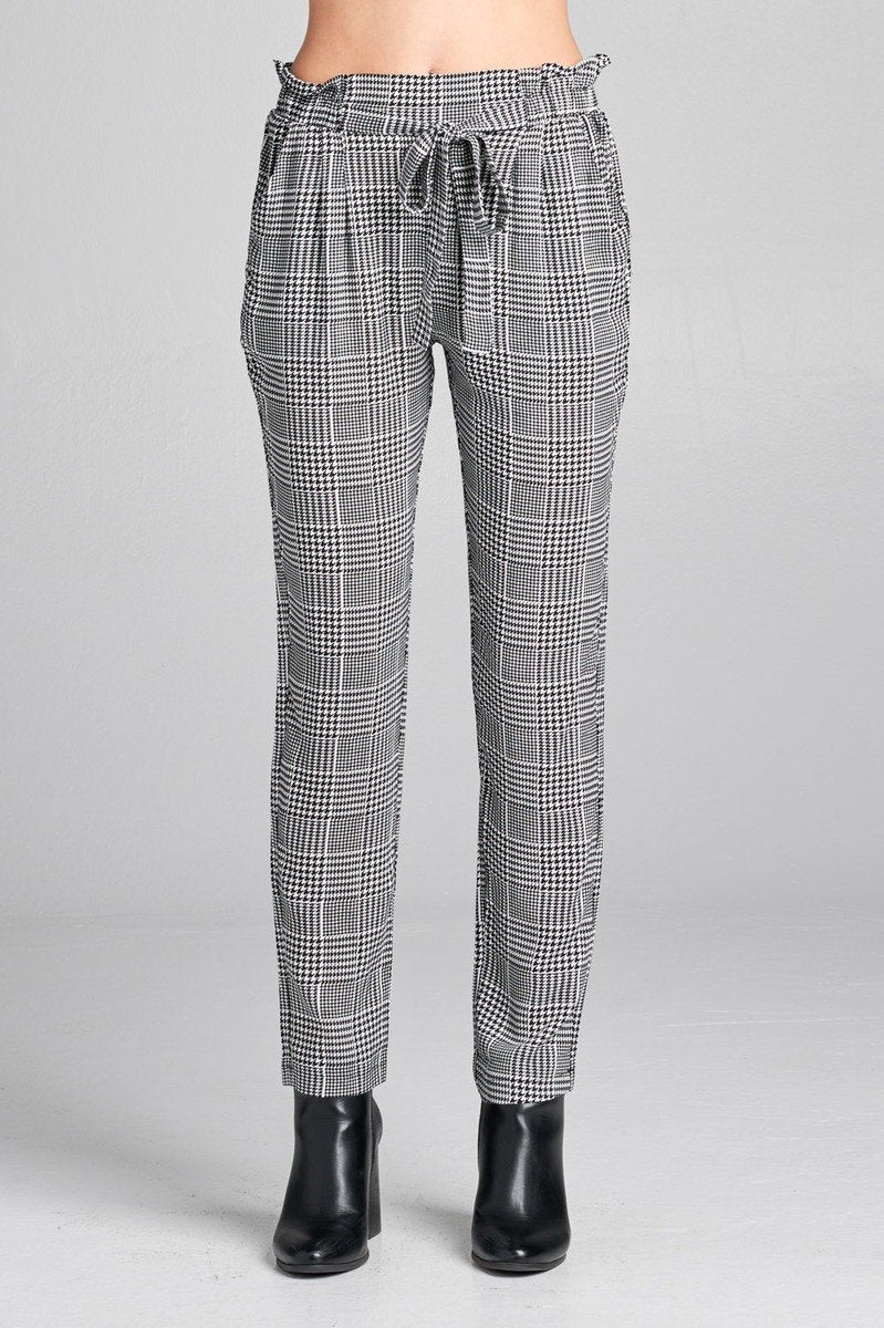 Ladies fashion plus size self ribbon detail long leg checked print woven pants - Absolute Fashion 2020