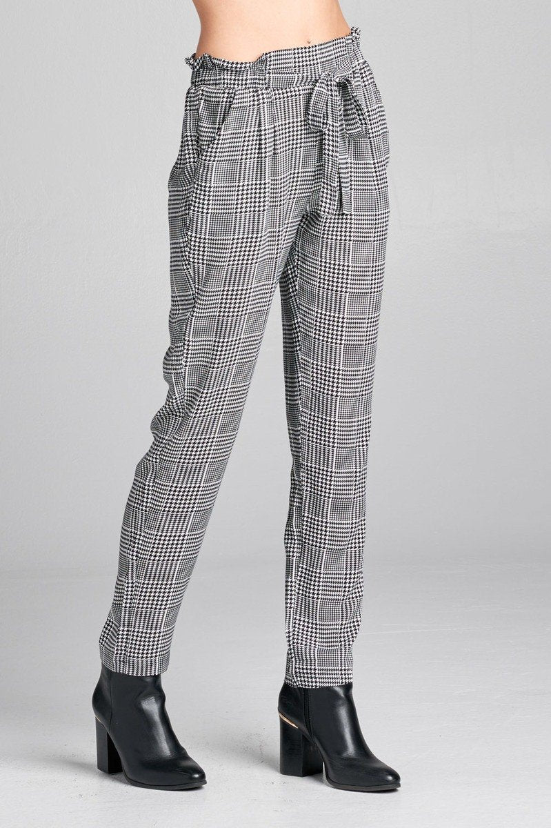 Ladies fashion plus size self ribbon detail long leg checked print woven pants - Absolute Fashion 2020