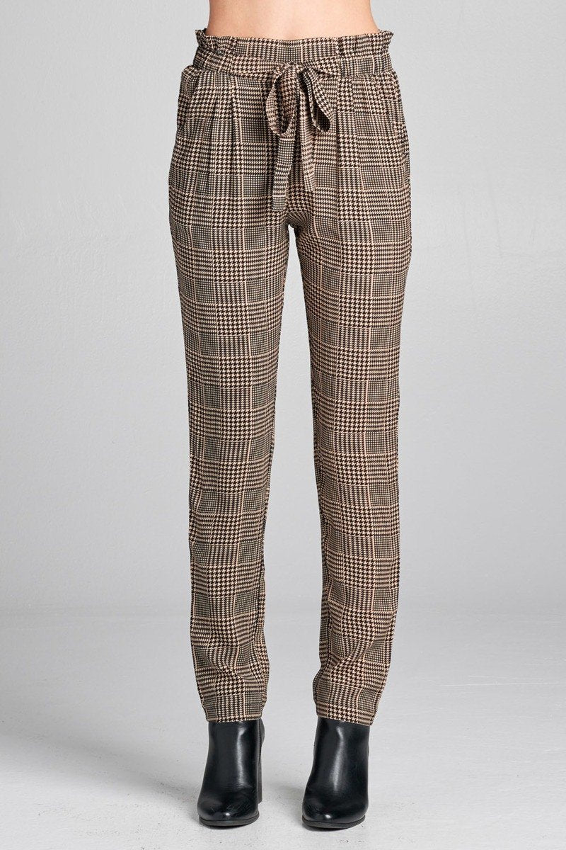 Ladies fashion plus size self ribbon detail long leg checked print woven pants - Absolute Fashion 2020