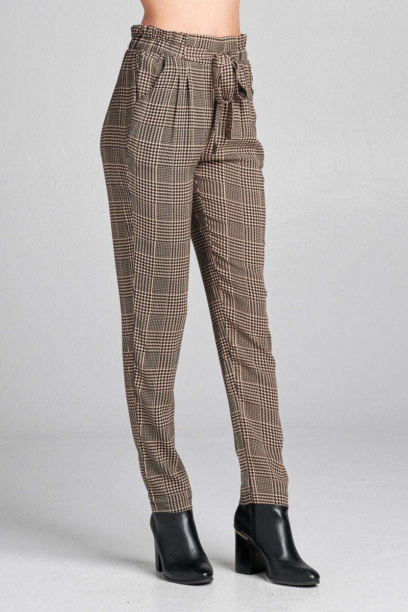 Ladies fashion plus size self ribbon detail long leg checked print woven pants - Absolute Fashion 2020