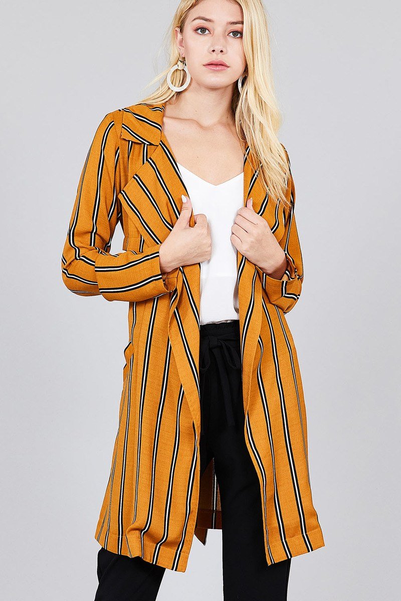 Ladies fashion long sleeve notched collar w/waist belt multi striped long woven jacket - Absolute Fashion 2020