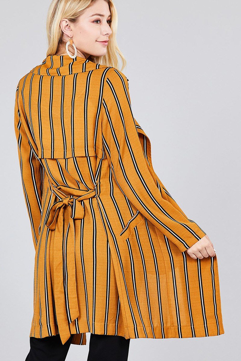 Ladies fashion long sleeve notched collar w/waist belt multi striped long woven jacket - Absolute Fashion 2020