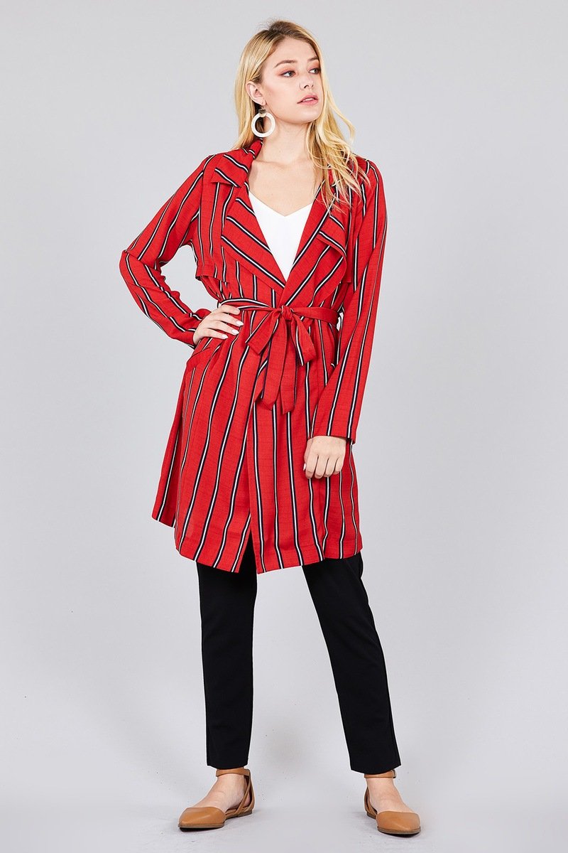 Ladies fashion long sleeve notched collar w/waist belt multi striped long woven jacket - Absolute Fashion 2020