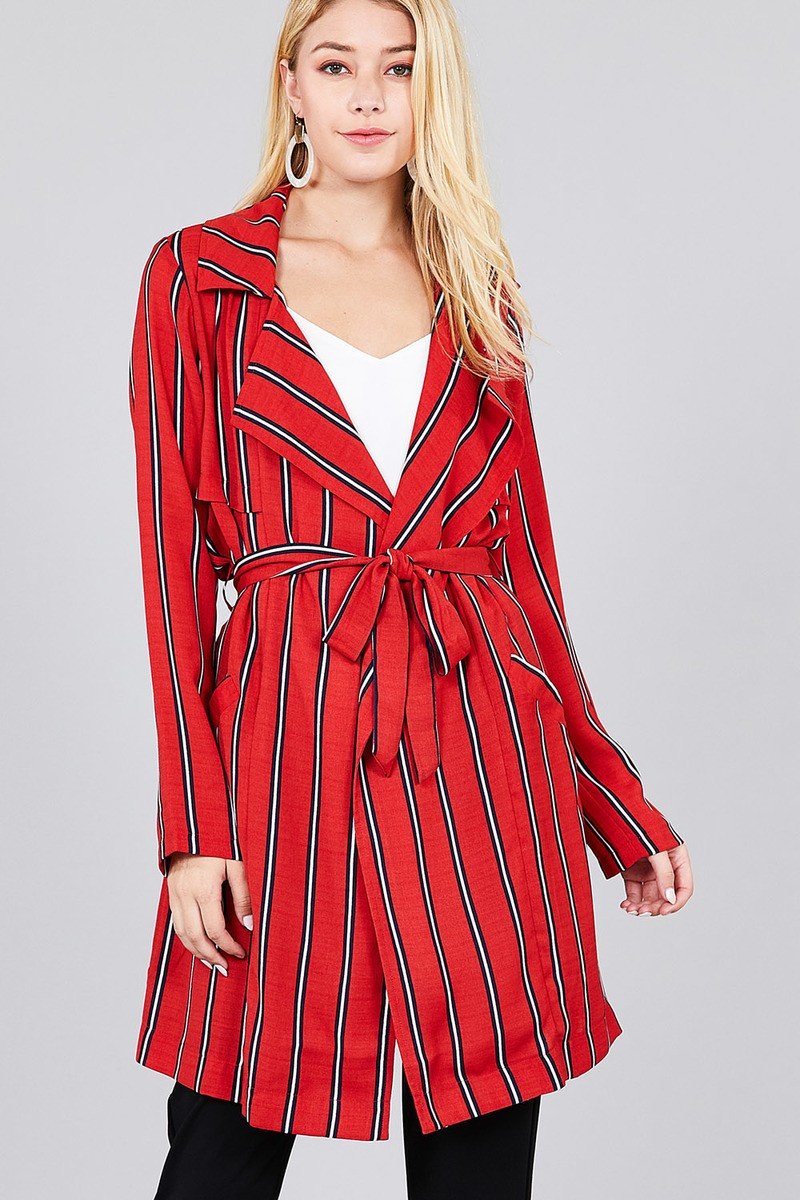 Ladies fashion long sleeve notched collar w/waist belt multi striped long woven jacket - Absolute Fashion 2020
