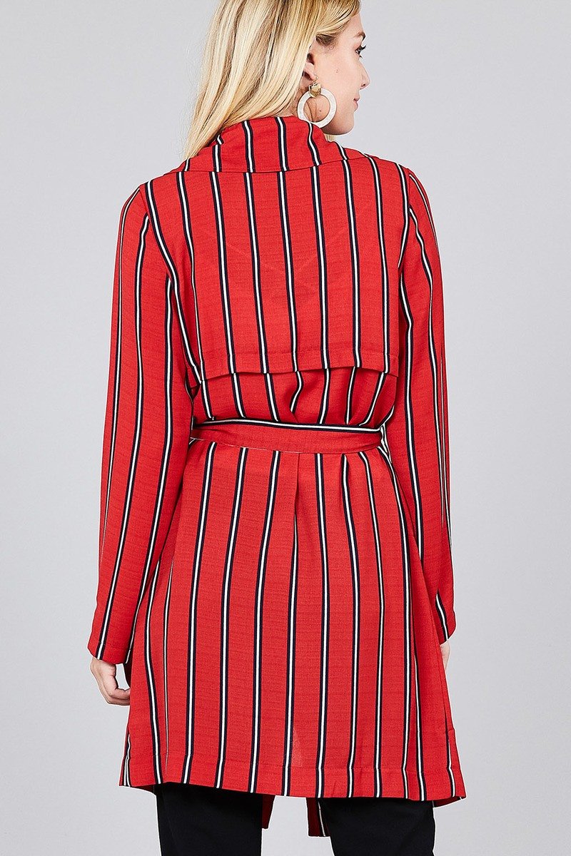 Ladies fashion long sleeve notched collar w/waist belt multi striped long woven jacket - Absolute Fashion 2020