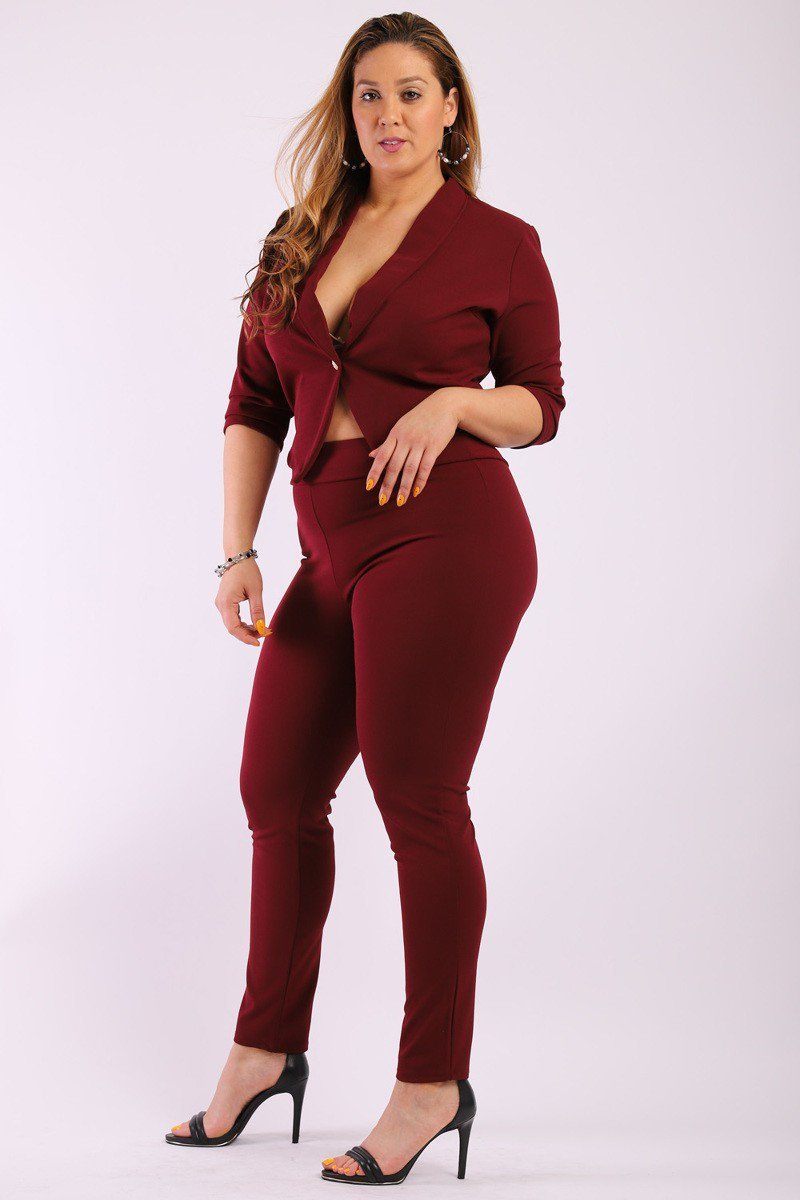 Solid, Fitted Two Piece Set Includes Blazer Coat With 3/4 Sleeves, Collard, One Button Closure And Pointed Hemline With Matching Full Length, High-waist Pant - Absolute Fashion 2020