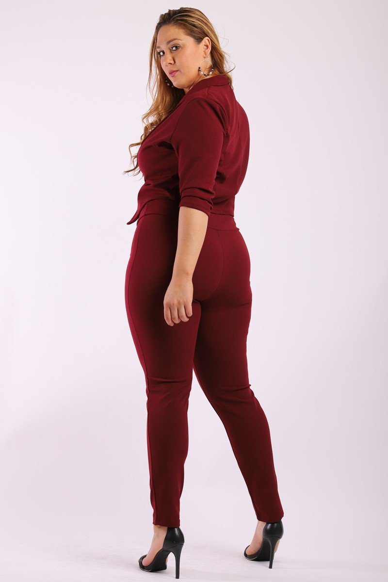 Solid, Fitted Two Piece Set Includes Blazer Coat With 3/4 Sleeves, Collard, One Button Closure And Pointed Hemline With Matching Full Length, High-waist Pant - Absolute Fashion 2020
