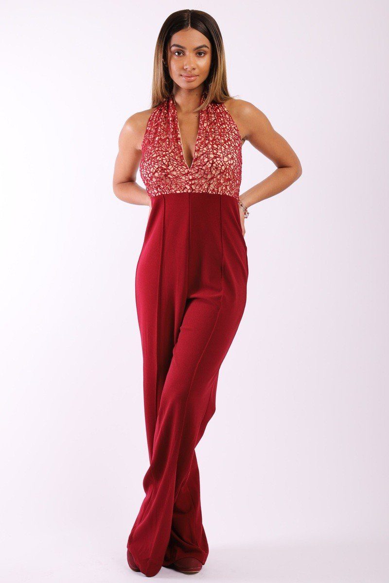 Solid Jumpsuit With Sequined Crochet Lave Halter Top - Absolute Fashion 2020