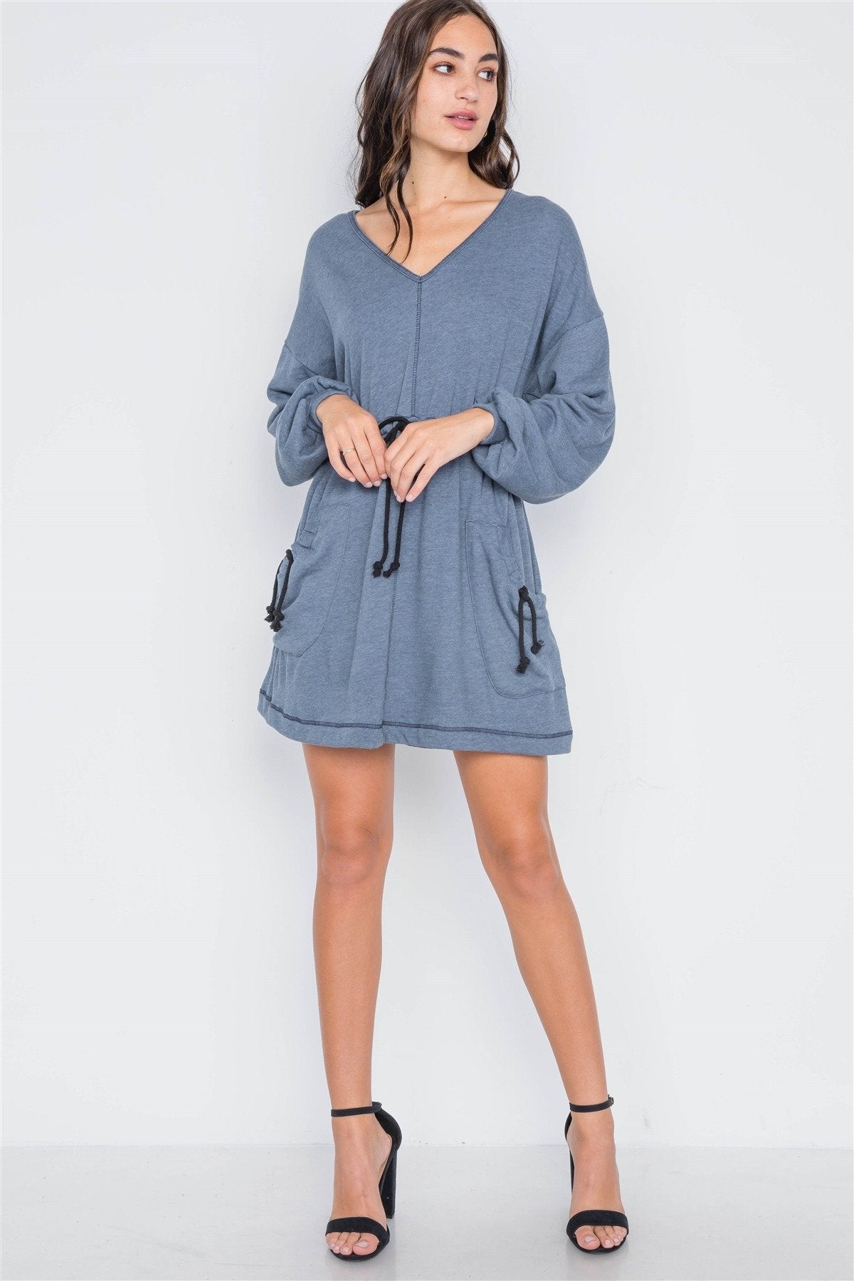 Denim blue knit long sleeve sweater dress - Absolute Fashion 2020