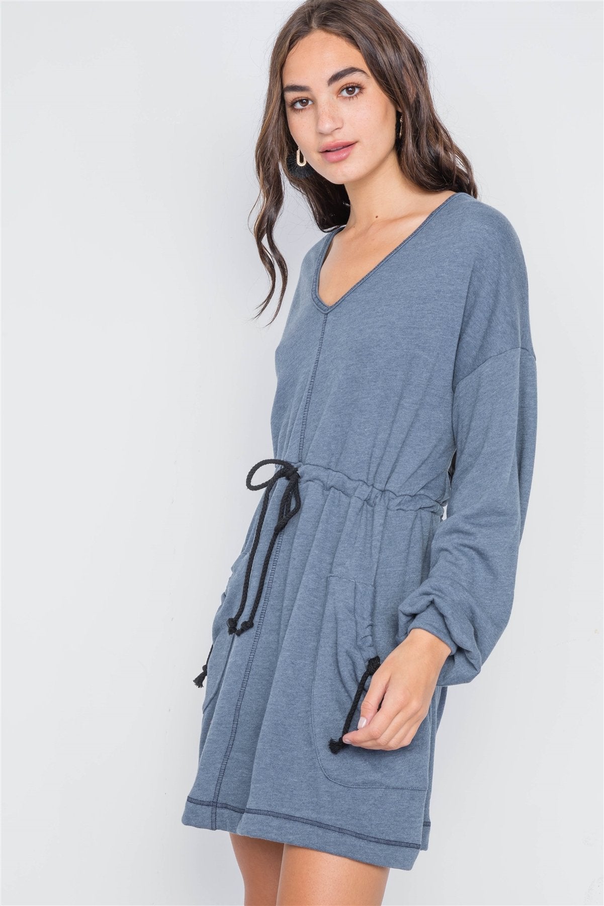 Denim blue knit long sleeve sweater dress - Absolute Fashion 2020