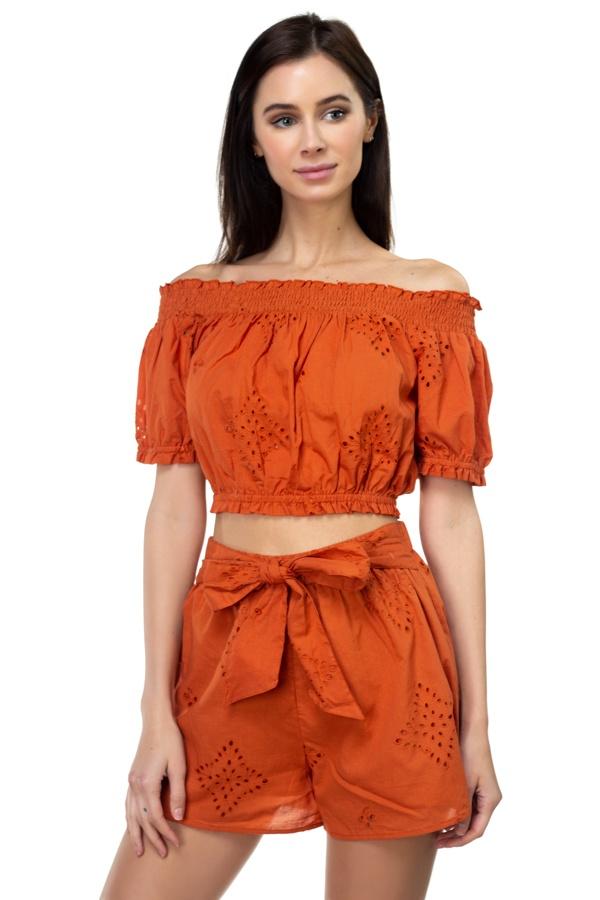 Smocked Off Shoulder Top & High Waist Eyelet Shorts Set - Absolute Fashion 2020